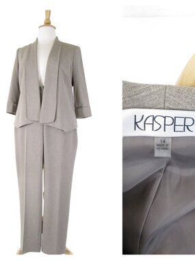 Kasper Womens Plus Size Light Brown Gray Pant Suit 14 Formal Business Career